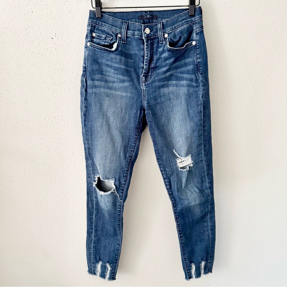 7FAM Dark Wash High Waisted Distressed Skinny Jeans Ankle Length Women's Size 26